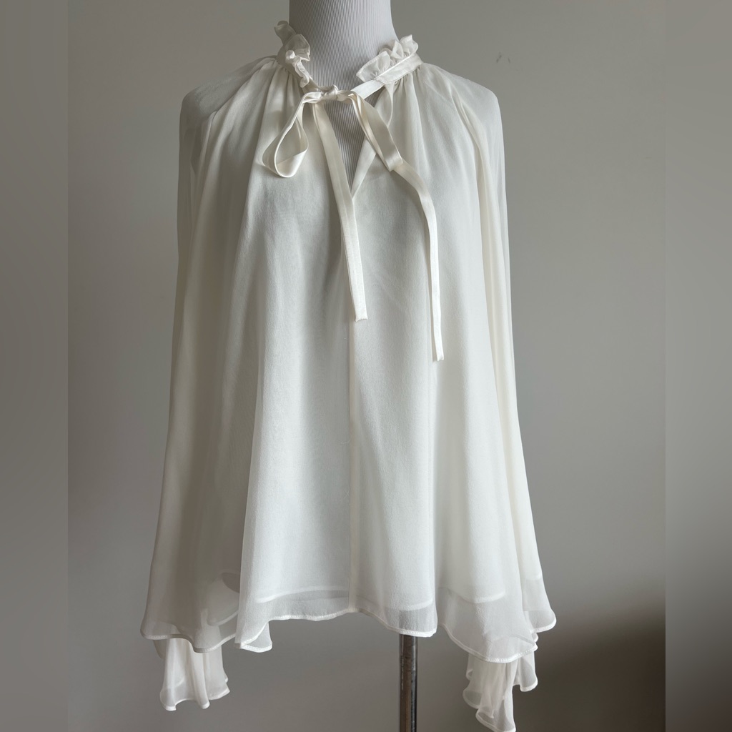 Ramy Brook Gorgeous Tie Blouse Shirt Open Sleeve Chiffon Top Ivory In A Small
